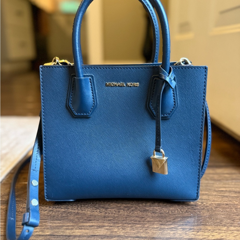 Michael Kors Blue Satchel with Structured Design and Silver Hardware